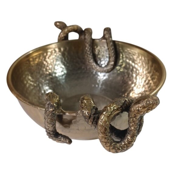 Set Of 2 Gold Hammered Brass ? Bowls With Snake Handles Vintage Decorative Uniqu - Picture 11 of 13
